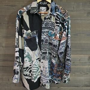 Vintage GOOUCH 100% Silk Shirt Mens M 90s Tribal Elephant Abstract Long Sleeve